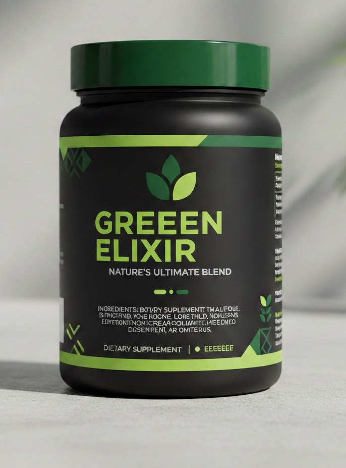 Green Elixir bottle beside natural ingredients on a clean table